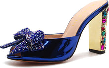 Load image into Gallery viewer, Blue Rhinestone Embellished Women&#39;s Evening Gold Shoes
