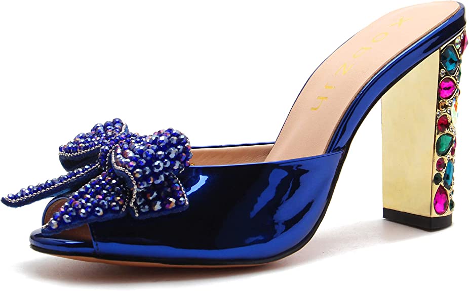 Blue Rhinestone Embellished Women's Evening Gold Shoes