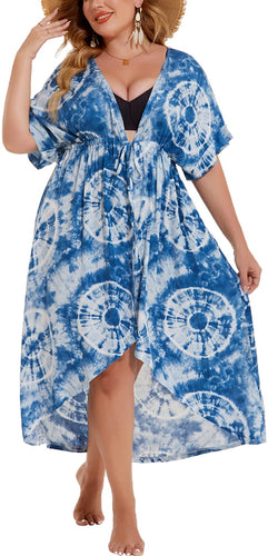 Kimono Blue Tie Dye Tie Front Plus Size Long Coverups