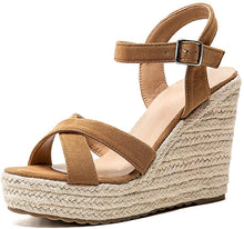 Load image into Gallery viewer, Wedge Ankle Strap Khaki Open Toe Platform Sandals