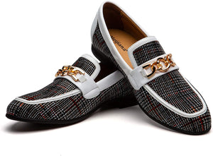 Gold Chain White Checkered Faux Leather Men's Noble Loafer