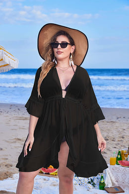 Ruffle Cardigan Black Plus Size Kimono Chiffon Swimsuit Cover Up