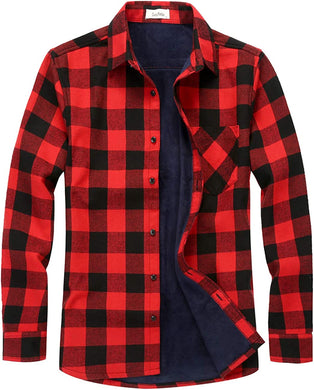 Fleece Lined Red Plaid Men's Casual Long Sleeve Shirt