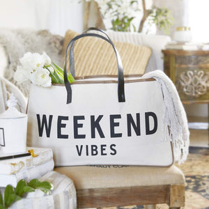 Canvas White Weekend Vibes Print Tote Bag
