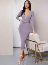 Load image into Gallery viewer, Ruched Waist Lilac Purple Long Sleeve Pencil Bodycon Dress