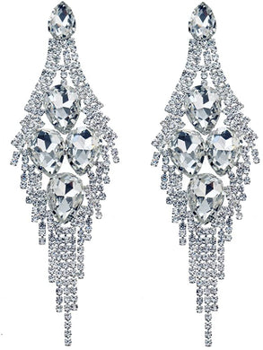 Sparkling Rhinestone Teardrop & Tassel Silver Crystal Dangle Earrings