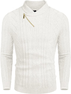 Shawl Collar White Pullover Cable Knitted Men's Sweater