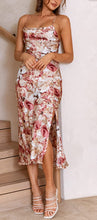 Load image into Gallery viewer, Cowl Neck Wine Floral Satin Spaghetti Strap Midi Party Dress