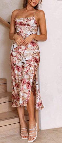 Cowl Neck Wine Floral Satin Spaghetti Strap Midi Party Dress