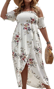White Floral Plus Size Off Shoulder Summer Dress