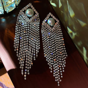 Fashion Crystal Rhinestones Big Pearl Tassels Earrings