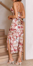 Load image into Gallery viewer, Cowl Neck Wine Floral Satin Spaghetti Strap Midi Party Dress