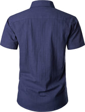 Load image into Gallery viewer, Men&#39;s Navy Blue Linen Button Up Short Sleeve Shirt