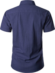 Men's Navy Blue Linen Button Up Short Sleeve Shirt