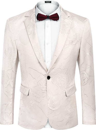 Luxury Silver Beige Floral Single Breasted Tuxedo Men's Blazer