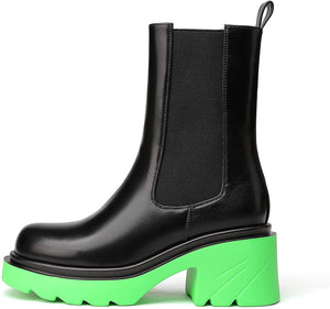 Platform Black/Green Calf Chunky Block Heel Chelsea Boots
