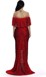 Maternity Ruffles Lace Wine Red Off Shoulder Long Maxi Dress