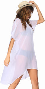 Chiffon White Mesh V Neck Hi Lo Swimwear Cover Up