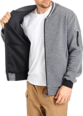 Men's Gray Waffle Knit Long Sleeve Lightweight Varsity Jacket
