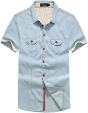 Load image into Gallery viewer, Denim Light Blue Button Up Short Sleeve Men&#39;s Shirts