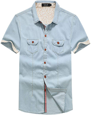 Denim Light Blue Button Up Short Sleeve Men's Shirt