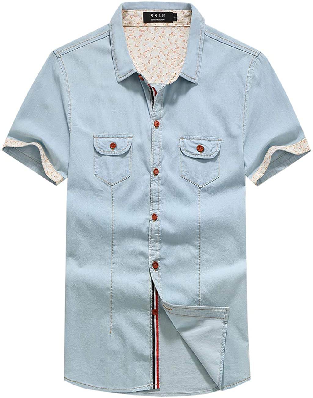Denim Light Blue Button Up Short Sleeve Men's Shirts