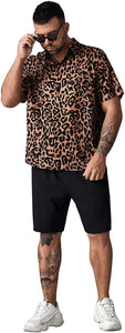 Brown Leopard Casual Short Sleeve Button Down Shirt