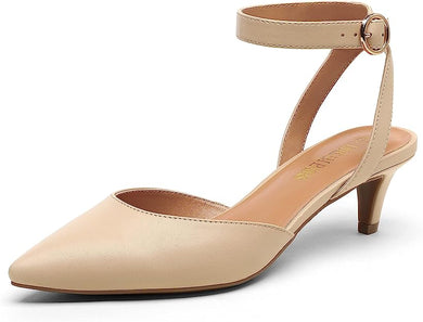 Beige Ankle Strap Low Heel Closed Toe Shoes