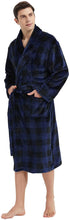 Load image into Gallery viewer, Men&#39;s Plush Navy Plaid Shawl Collar Long Sleeve Fleece Robe