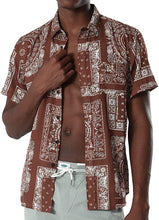 Load image into Gallery viewer, Men&#39;s Brown Paisley Bandana Print Short Sleeve Button Down Shirt