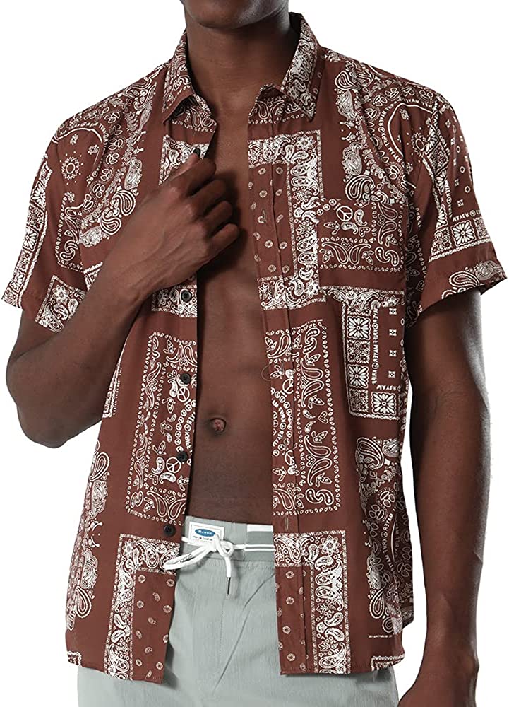 Men's Brown Paisley Bandana Print Short Sleeve Button Down Shirt