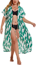Load image into Gallery viewer, Kimono Green Leaf Tie Front Plus Size Long Coverups