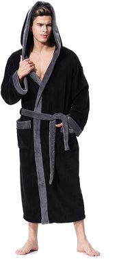 Men's Plus Black Long Sleeve Shawl Hooded Robe