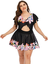 Load image into Gallery viewer, Plus Size Black Floral Ruffled One Piece Cut Out Skirt Swimsuit