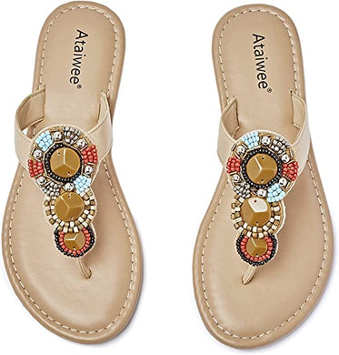 Summer Beaded Embellished Vegan Brown Casual Flat Sandals