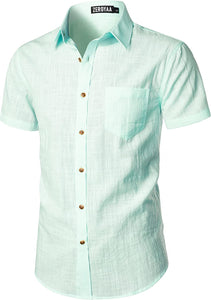 Men's Light Blue Linen Button Up Short Sleeve Shirt