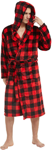 Men's Plaid Red Shawl Collar Fleece Hooded Long Sleeve Robe