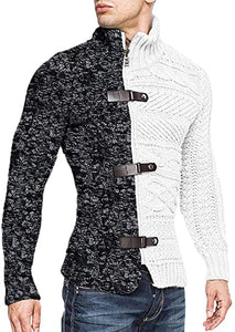 Men's Black/Grey High Collar Buckle Long Sleeve Color Block Sweater