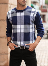 Load image into Gallery viewer, Men&#39;s Blue Plaid Long Sleeve Casual Sweater