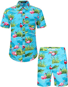 Men's Blue Flamingo Printed Shorts Set
