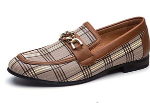 Gold Chain Brown Checkered Faux Leather Men's Noble Loafer