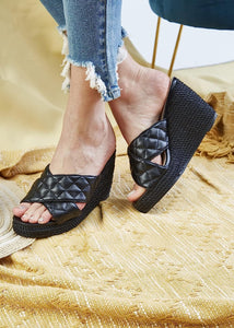 Quilted Black Open Toe Wedge Sandals