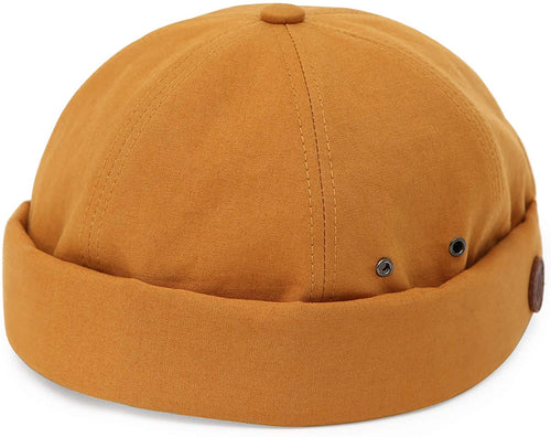 Men's Mustard Brimless Leather Strap Beanie Cap