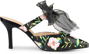 Chiffon Bow Black Floral Pointed Toe Heels