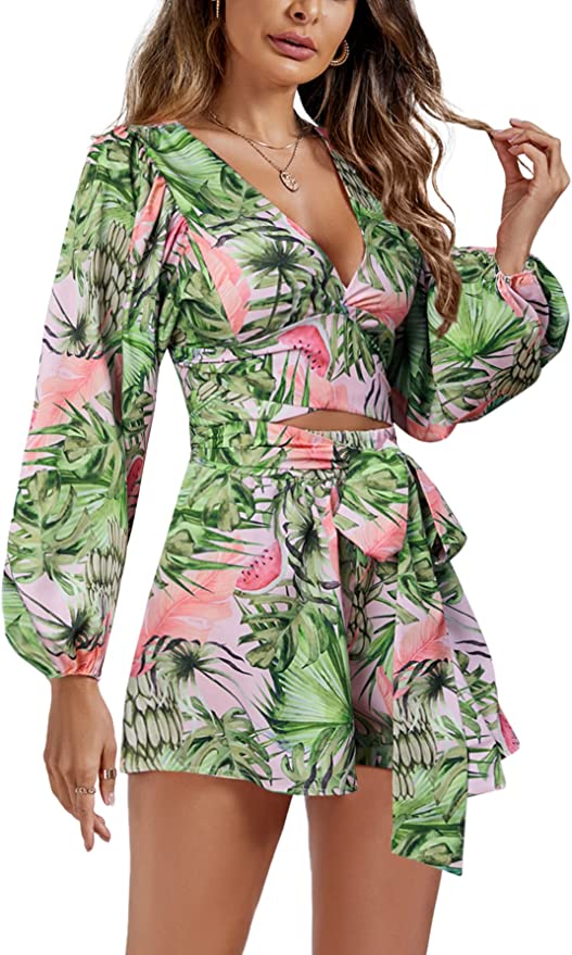 Destination Tropical Green Long Sleeve Shorts Romper