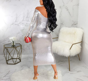 Sparkly Silver Elegant Bodycon Long Sleeve Midi Party Dress