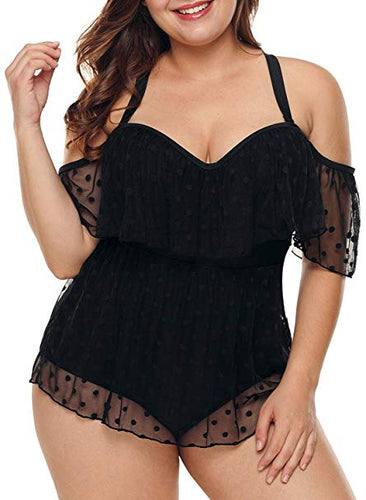 Plus Size Black Mesh Dotted Sweetheart One Piece Swimsuit