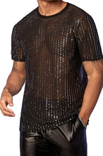 Load image into Gallery viewer, Streetwear Black Rhinestone Mesh Short Sleeve Men&#39;s Shirt