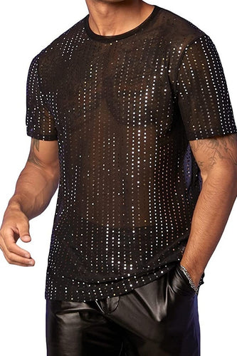 Streetwear Black Rhinestone Mesh Short Sleeve Men's Shirt