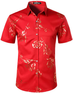 Slim Fit Hipster Rose Printed Button Down Short Sleeve Shirt